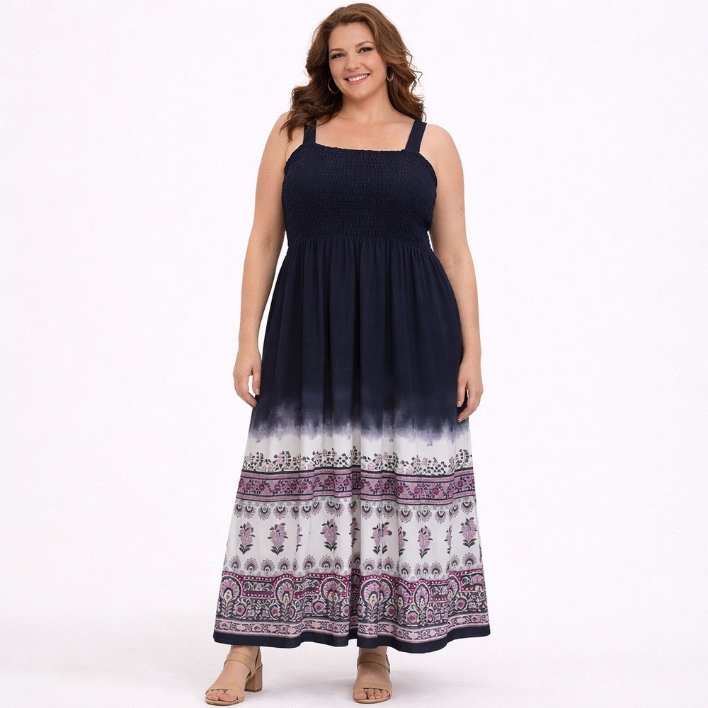 Lane Bryant Navy‎ Ombre Floral Maxi Dress 22/24 2X Smocked Boho Beach Sundress